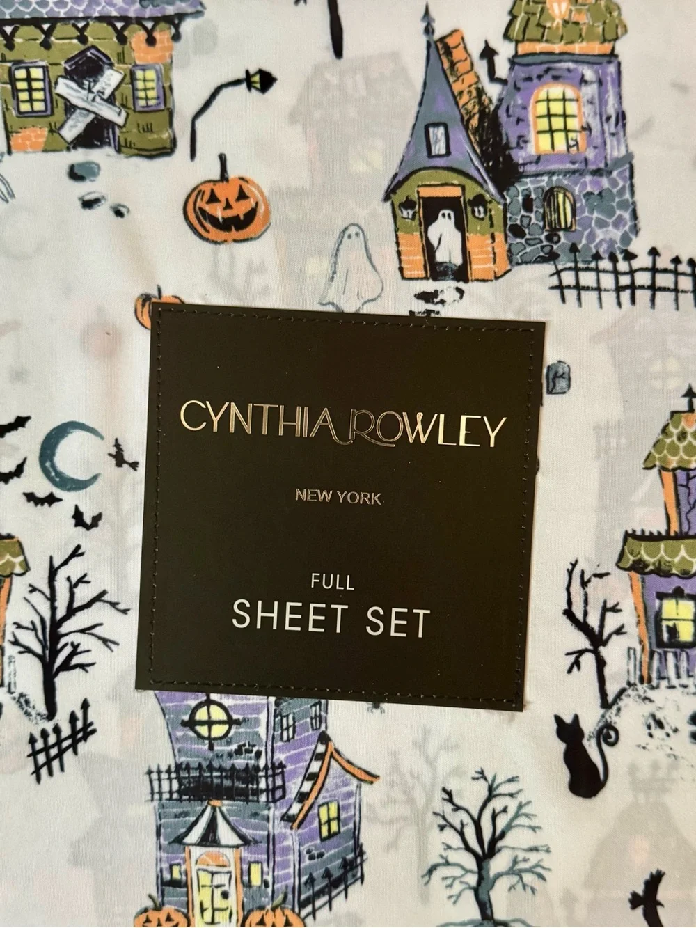 Cynthia Rowley Halloween Village Full Sheet Set - White, Purple & Orange Accents